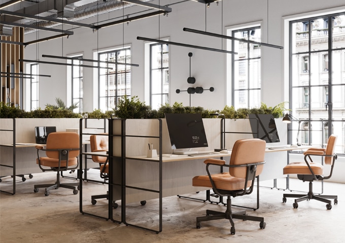 Modern office desks with plants